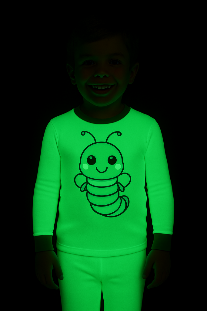 A smiling child in a glowing green pajama set features a cute cartoon caterpillar design, set against a dark background.