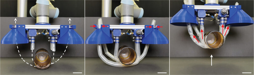 Three panels showing a robotic arm with blue components manipulating a spherical object, demonstrating a precision movement technique.