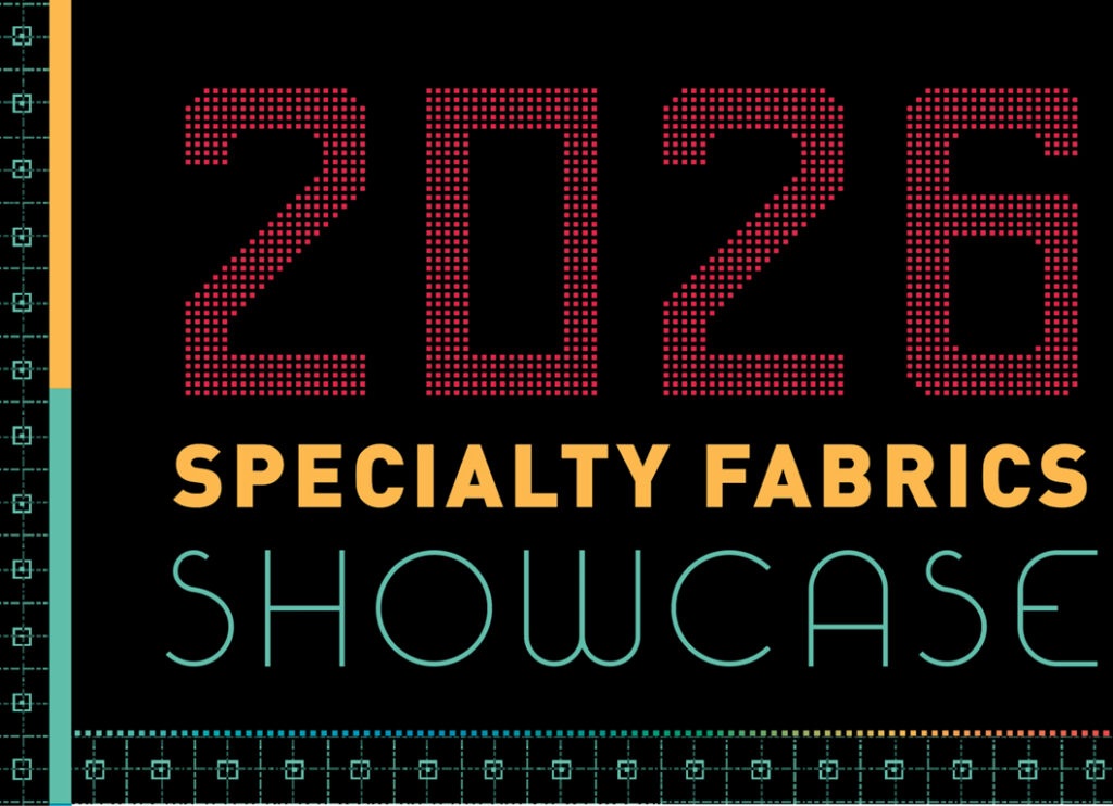 Red numbered text "2026" and "SPECIALTY FABRICS" in bold yellow against a black background, with decorative borders in various colors.