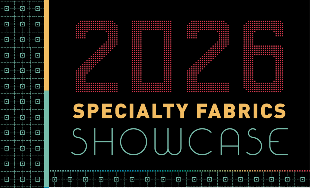 Bold red "2026" and "SPECIALTY FABRICS" in yellow and "SHOWCASE" in green are centered on a black background, with decorative patterns in green and blue on the sides.