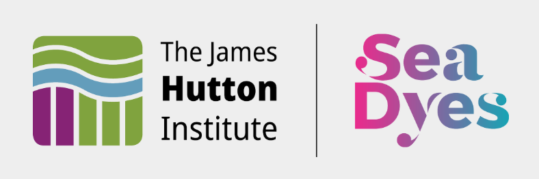 Logo featuring wavy green and blue lines beside bold black text reading "The James Hutton Institute" and colorful "Sea Dyes" text.