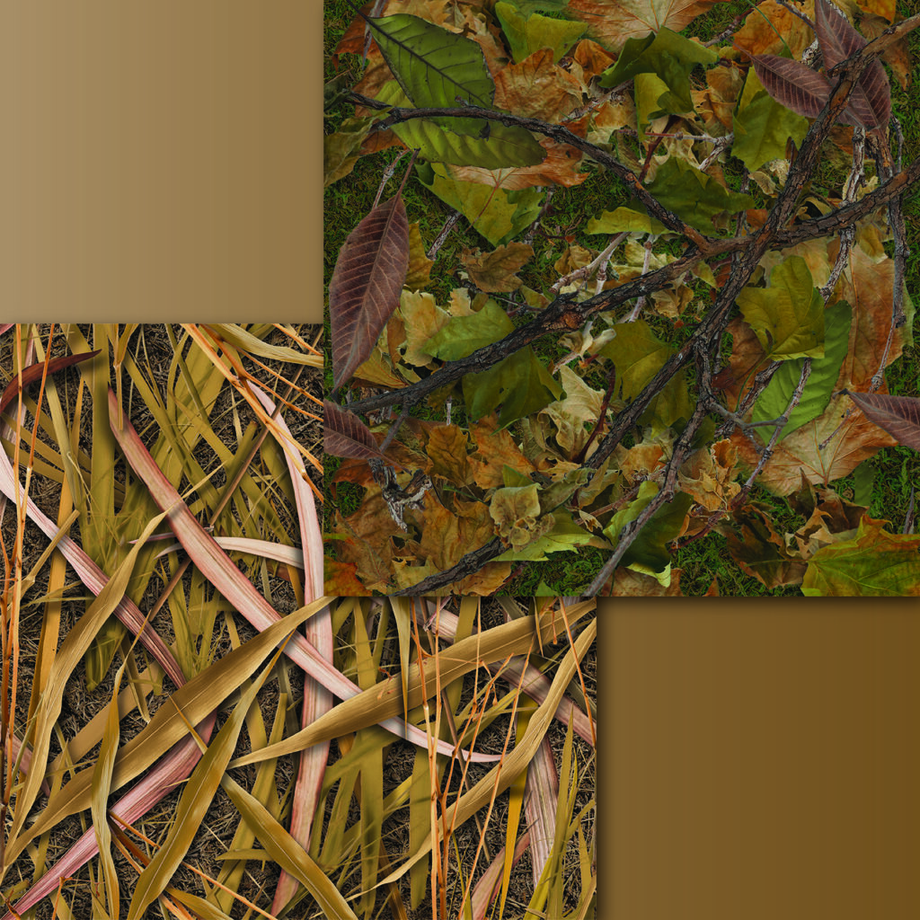 Collage of natural textures: overlapping layers of fallen leaves, twigs and grass in earthy tones of green, brown and gold.