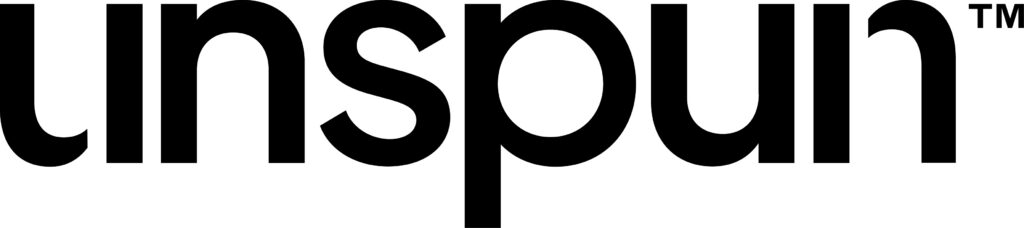 Bold black text spelling "unspun" with a trademark symbol, featuring unique typography and circular design elements.
