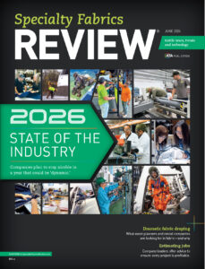 A collage of images depicting the textile industry, featuring machines, workers, and fabric, with a bold headline about the 2026 industry outlook.