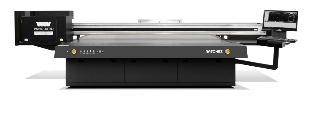 Black flatbed printer named "NATCHEZ" with a computer monitor panel.