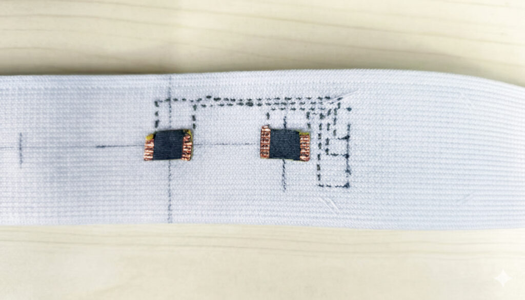 A close-up of a white fabric strap featuring two small electronic chips, outlined by printed circuit patterns on the surface.
