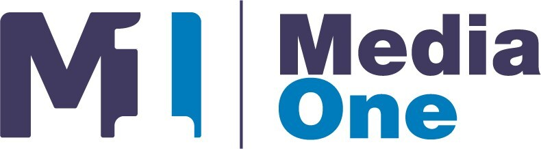 Logo featuring "M1" in dark purple and light blue, followed by a vertical line and "Media One" in bold dark purple and vibrant blue.