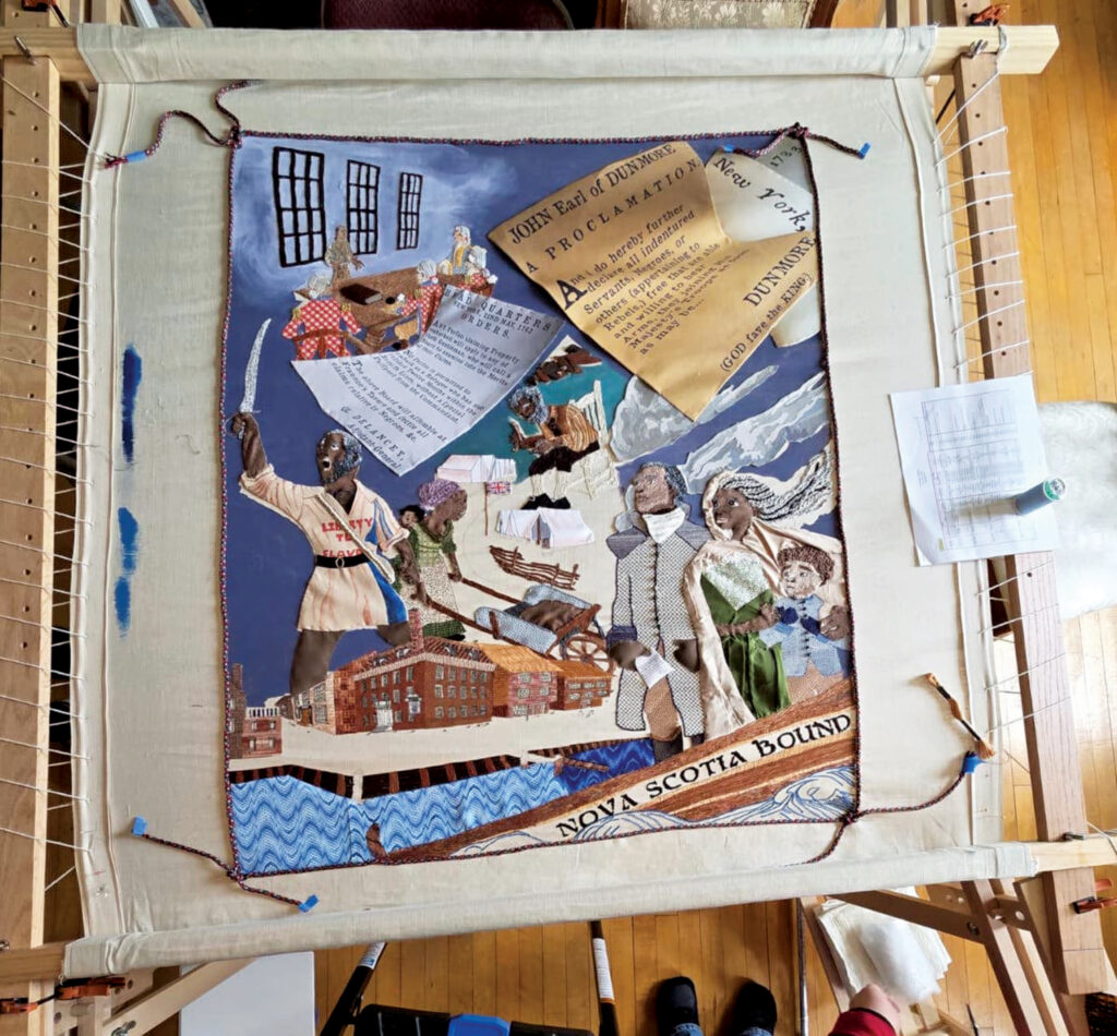 A textile collage featuring figures in historical attire, boats, and documents, with vibrant colors highlighting the theme of exploration.