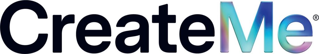 CreateMe Logo Stylized "CreateMe" logo featuring bold black text with an iridescent gradient effect on the "Me" portion.
