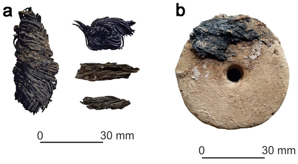 Two sections displayed side by side: on the left, various strands of dark fibers; on the right, a circular disc with a central hole and rough surface.