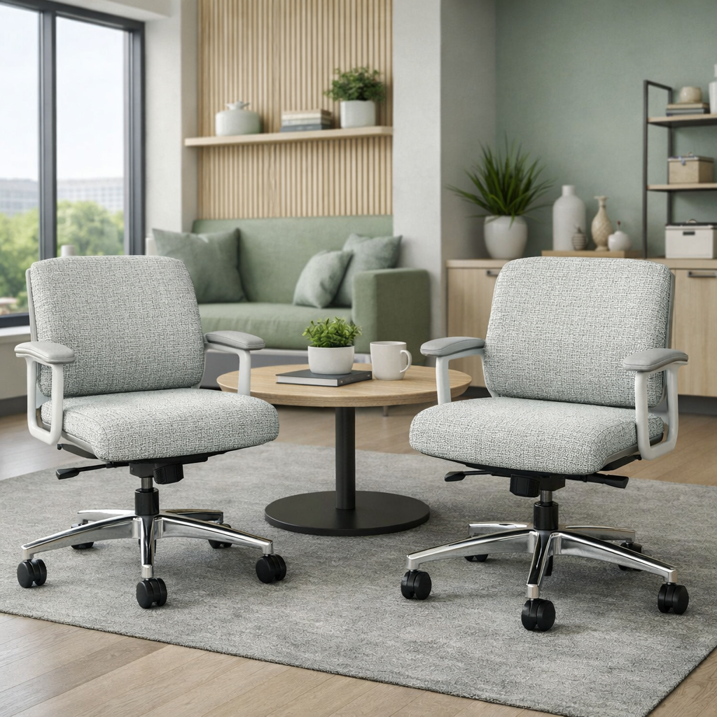 Two light gray office chairs are positioned around a circular black coffee table, set in a modern, green-toned room with natural light made from The Mitchell Group's NetZERO BIO material.