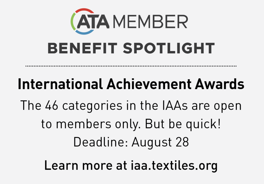 Textual graphic featuring "ATA MEMBER" at the top, "BENEFIT SPOTLIGHT" below, and details about the International Achievement Awards, with a deadline.