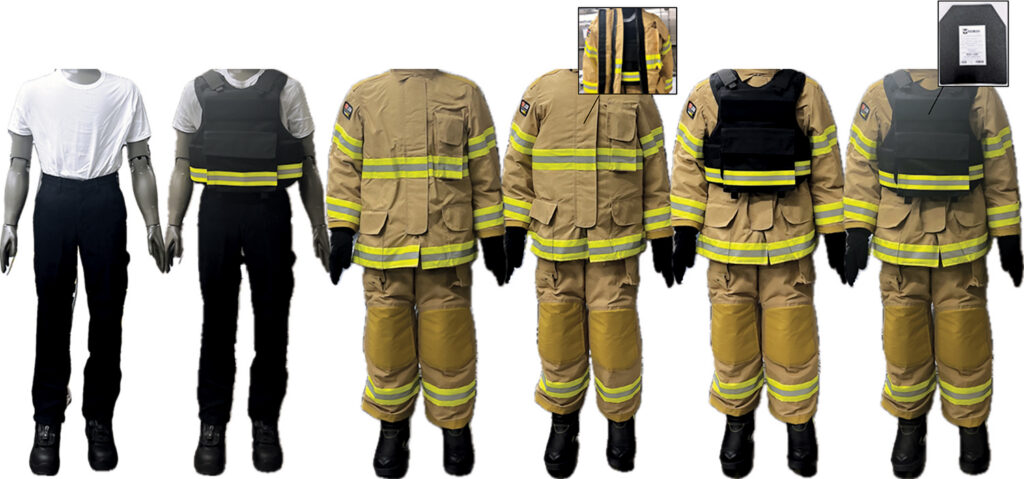 Display of various firefighter turnout gear and ballistic protection configurations, including tan and black suits with reflective stripes.