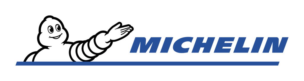 White Michelin mascot with a smiling face and arms raised, alongside the bold blue text "MICHELIN" on a black background.