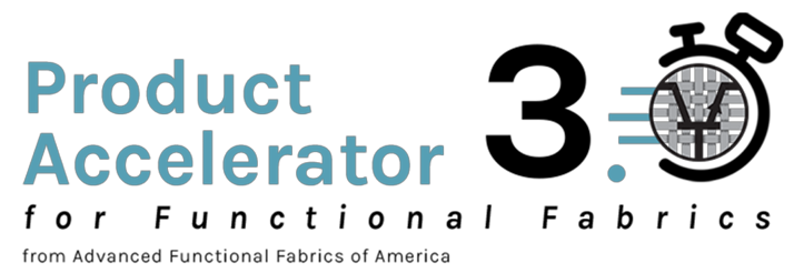 paff Text design featuring "Product Accelerator for Functional Fabrics" with a stylized "3" and a clock icon, incorporating blue and black colors.