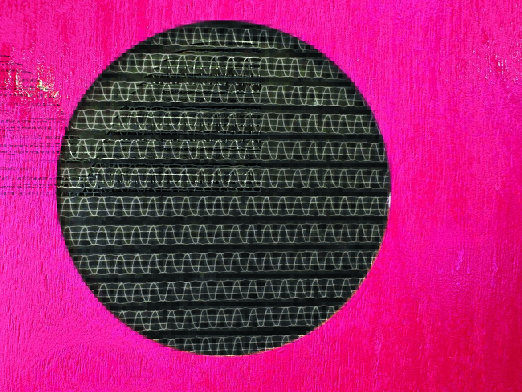 A vibrant pink background features a central oval showcasing a textured black surface with white wavy lines arranged horizontally.