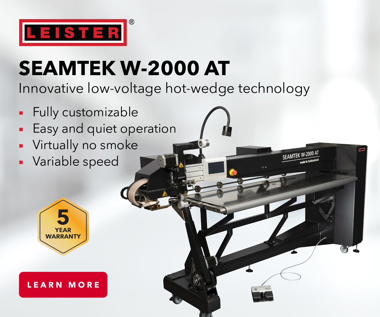 Black and silver sewing machine with a hot-wedge technology setup, featuring customization options, warranty info, and text highlights.