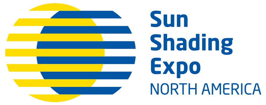 Yellow and blue logo featuring a stylized sun with horizontal stripes, accompanied by the text "Sun Shading Expo NORTH AMERICA."