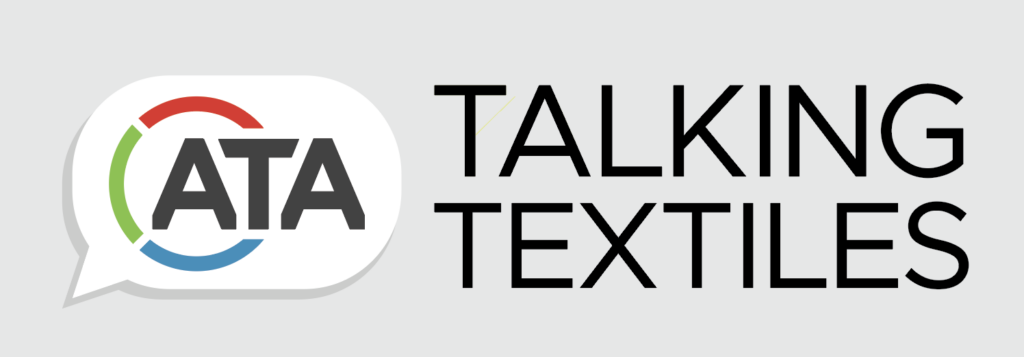Logo featuring "ATA" in bold black text inside a colorful speech bubble, accompanied by the phrase "TALKING TEXTILES" in modern typography.