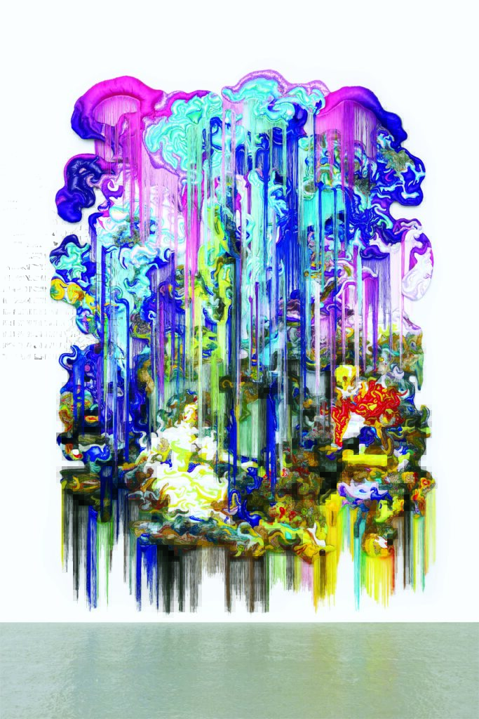 Colorful abstract artwork featuring cascading patterns in shades of blue, purple, and green against a bright background, with intricate details.