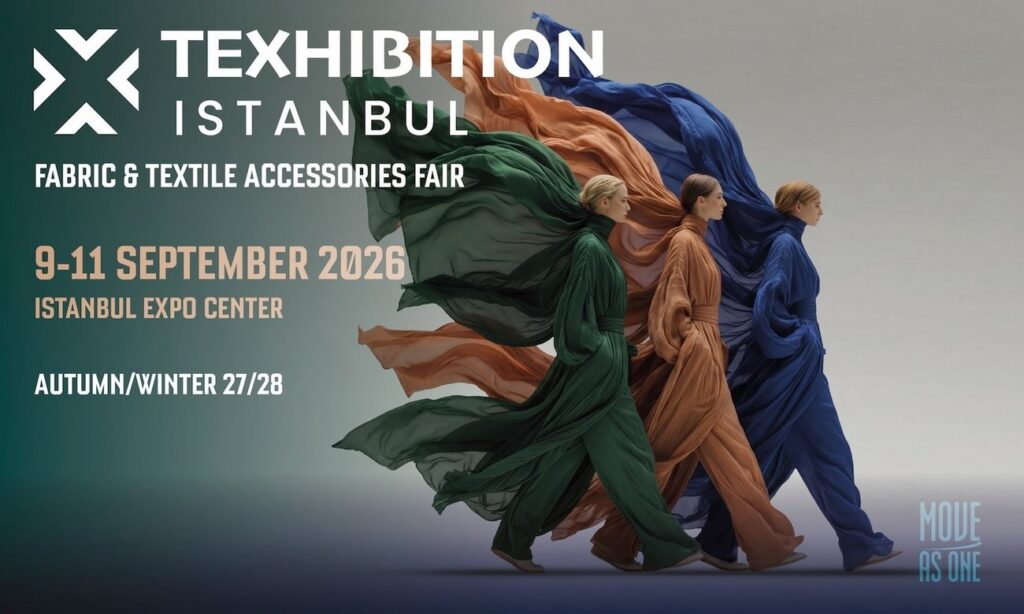 Turkey Three models in flowing, colorful fabrics walk together, showcasing textiles. Date and venue details are prominently displayed below.