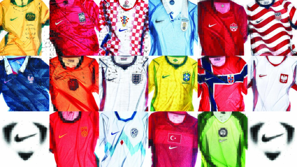 A grid of various national football kits featuring distinct colors and designs, prominently displaying the Nike logo on each shirt, made from recycled polyester.