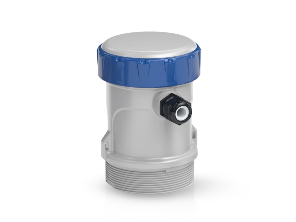 optiwave-1530-1560-blind-version Silver cylindrical sensor with a blue knob on top and a black connector on the side, positioned against a white background.