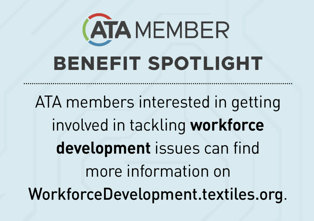 Text in a modern layout promoting workforce development for ATA members, featuring a colorful logo and a light blue background.