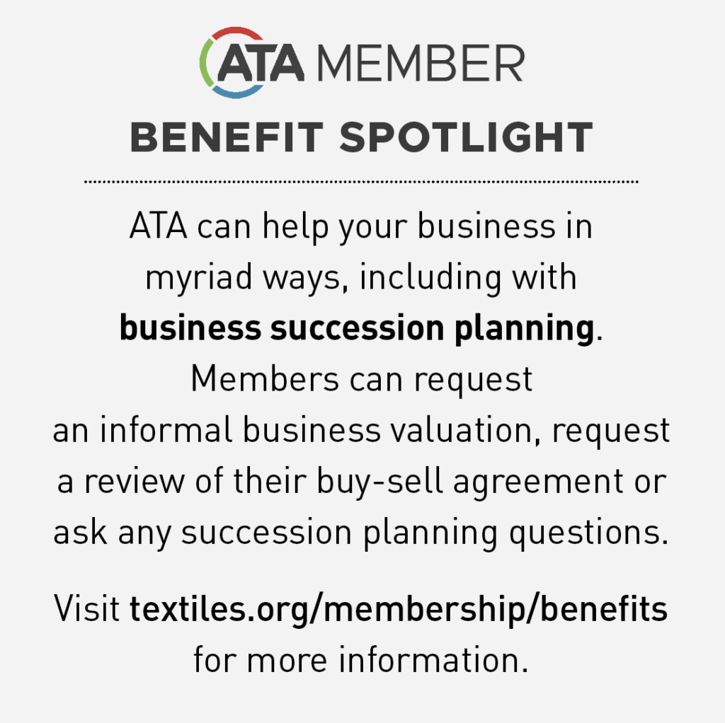 Text with "ATA MEMBER" and "BENEFIT SPOTLIGHT" headings. Mention of business succession planning and member benefits in black text on a white background.