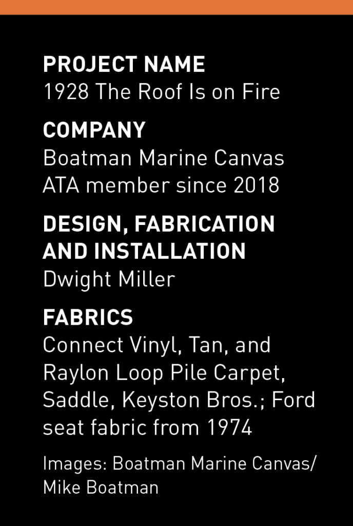 Text highlighting project details, including fabric types and fabricator names, arranged in a bold, structured layout on a dark background.