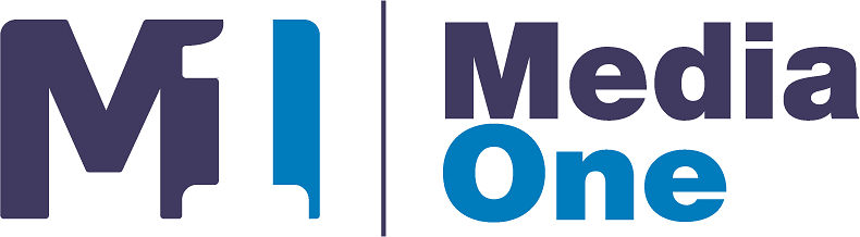 Logo featuring "M1" in dark purple and light blue, alongside "Media One" in bold blue text, emphasizing a modern corporate design.