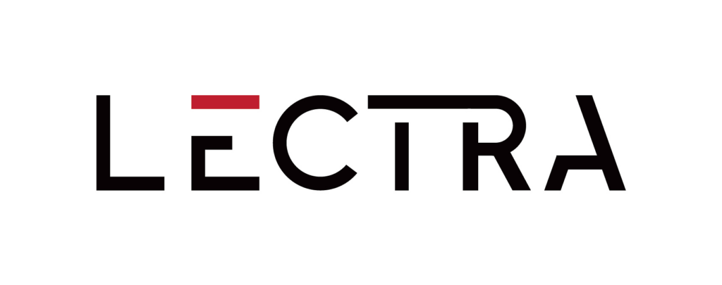 Black and red "LECTRA" logo featuring bold lettering with a circular black graphic element and a red block above the "L."