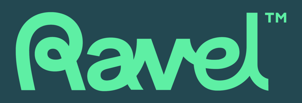Green stylized text "Ravel" on a dark blue background, featuring a playful, rounded font with a trademark symbol.