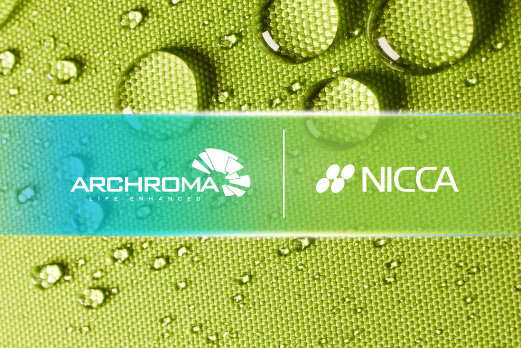 ARCHPR304a Close-up of a textured green fabric with water droplets, featuring the logos of Archroma and Nicca prominently displayed.