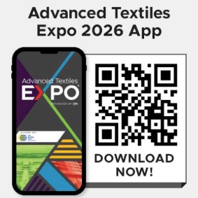 BeFunky-photo (4) Smartphone displaying the Advanced Textiles Expo app alongside a QR code, with a colorful geometric design and "DOWNLOAD NOW!" text.