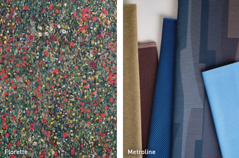 Textiles displayed side by side: left, a vibrant floral pattern with reds and greens; right, various solid colors and textured fabrics.