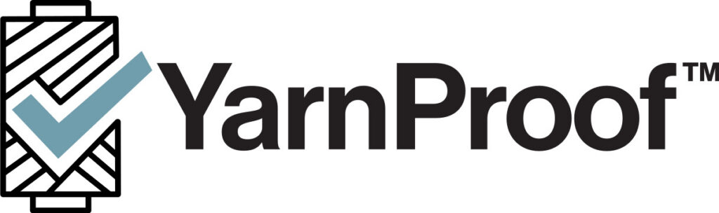 yarnproof-logo-dark-no-tagline Logo featuring a stylized yarn spool with a checkmark in teal, alongside bold black text spelling "YarnProof."